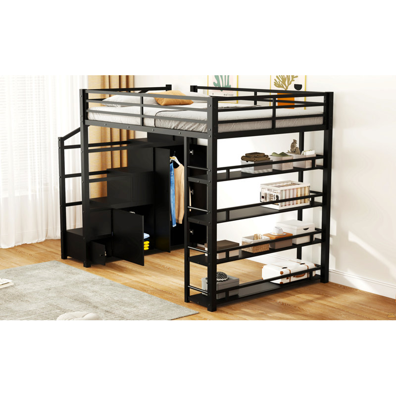 Full Size Metal Loft Bed With Storage Shelves, Cabinets And Wardrobe