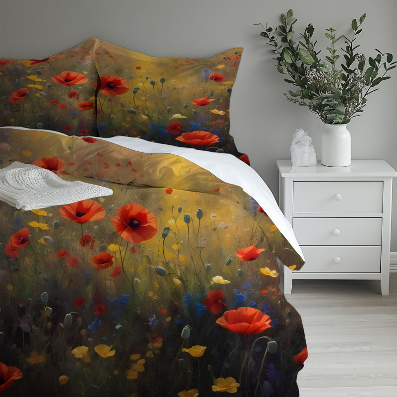 Microfiber Comforter Set, Twin Comforter + 2 Standard Shams, Gold/Red Floral