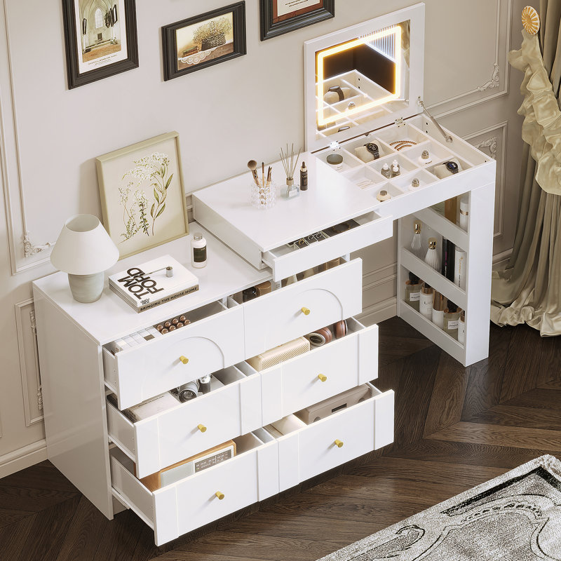 Bureau de coiffeuse avec miroir et lumières, table de coiffeuse avec plateau de table rabattable et tiroirs et tablettes de rangement