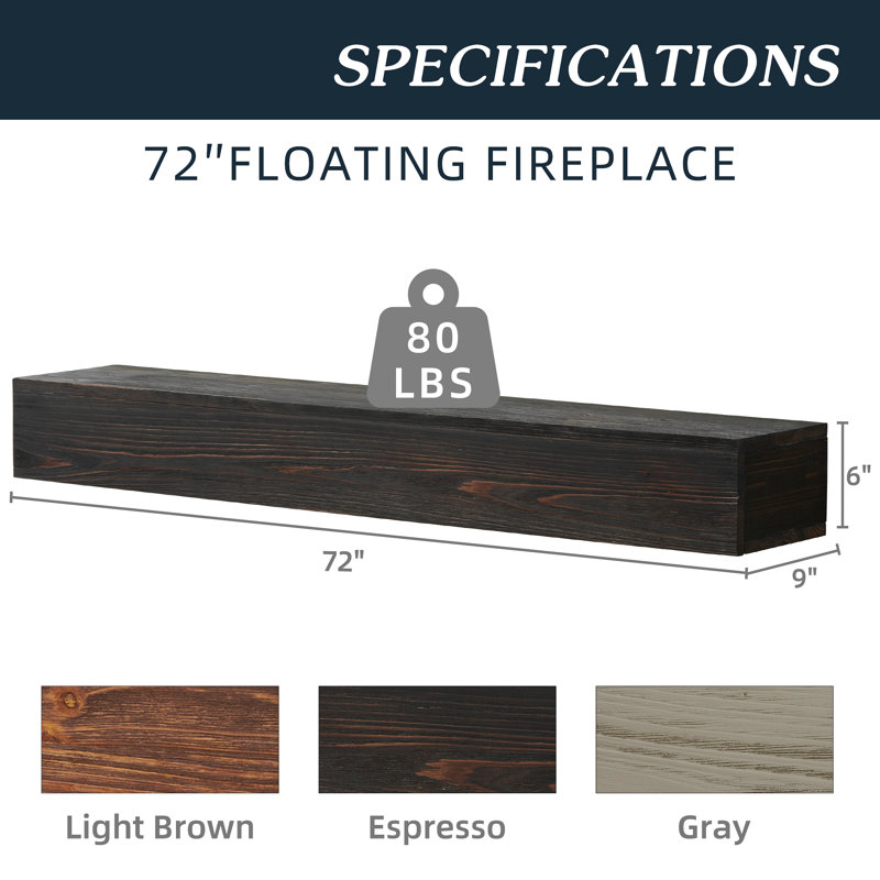 Manteau de cheminée en bois rustique, tablette murale et flottante pour la décoration intérieure, H 6 po x l 72 po x P 9 po
