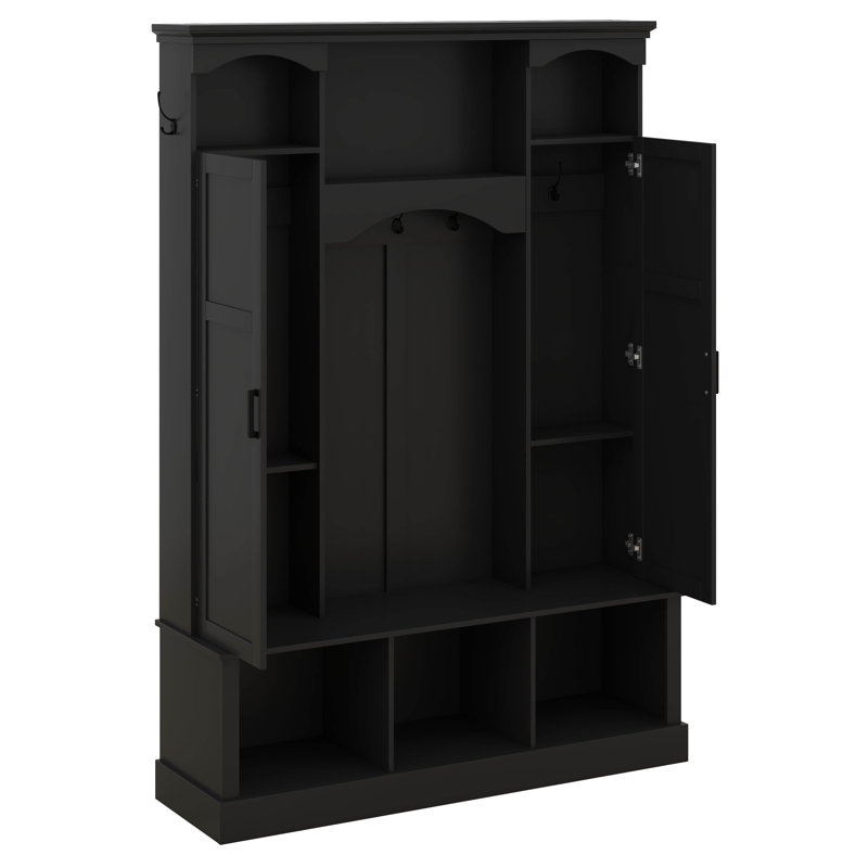 Hall Tree With Bench And Dual Side Cabinets, All-In-One Hall Tree With Adjustable Shelves, Entryway Organizer With 7 Hooks