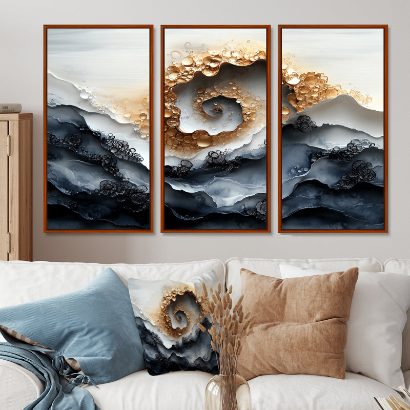 «Beige and Blue Water Forest of Elegance I», ensemble d'art mural spirales abstraites, Toile avec cadre flottant brun