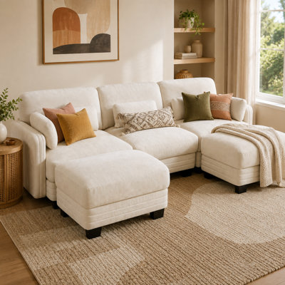 Canapé d'angle en U 3 places Chancy, capitonné, avec 2 poufs amovibles, canapé modulable moderne et minimaliste, revêtement en chenille, mousse haute résilience, assise matelassée
