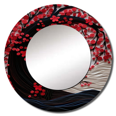 Rhynd Red Moon Ruby Radiance I - Moon Large Mirror, Space Round Decorative Wall Mirror, Printed Metal Art