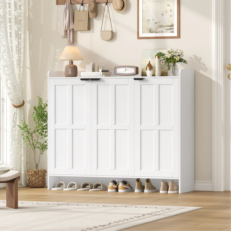 30-Pair Shoe Cabinet With 6-Tier, Adjustable Shelves & Boot Compartment, White Wood