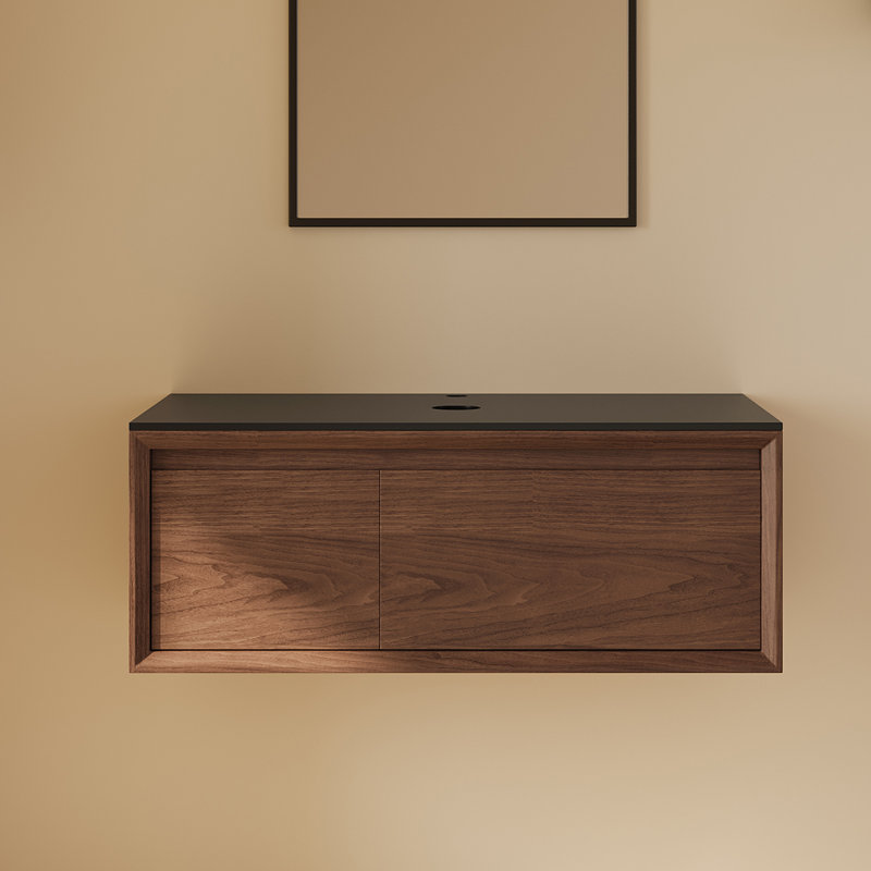 Meuble-lavabo mural de 91 cm (sans lavabo), en bois massif au fini noyer avec comptoir en pierre noire mat, 36