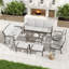 Ensemble de conversation de patio 7 pièces en aluminium avec table basse, table de bout, repose-pieds et coussins gris clair