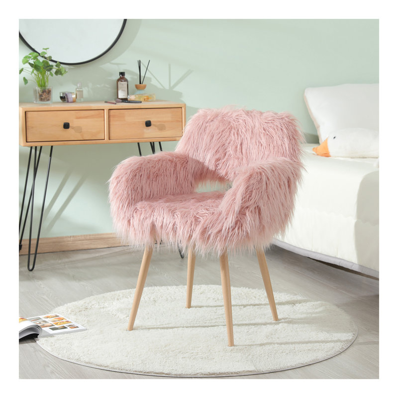 Faux Fur Upholstered Make up chair Side Dining Chair with Metal Leg(Beech Metal Leg), Pink