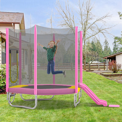 7FT Trampoline For Kids With Safety Enclosure Net, Slide And Ladder, Easy Assembly ,Regular Hexagon Outdoor Recreational Trampoline, Pink