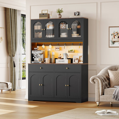 71" LED Kitchen Pantry Cabinet with Power Outlet, Large Kitchen Hutch Storage Cabinet