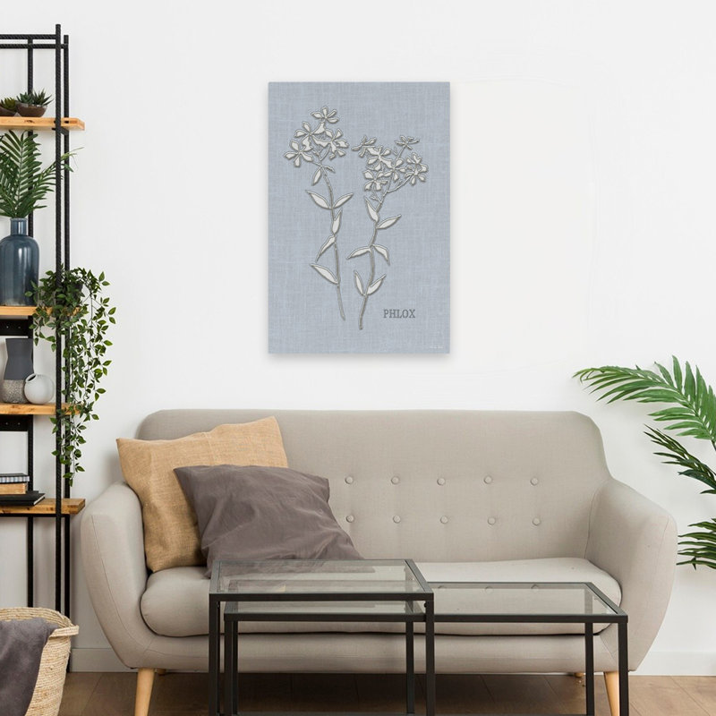 Brodé de Phlox - Illustration botanique contemporaine, fleurs de lin bleues de Phlox, H 24 po x l 16 po