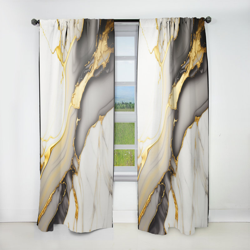 Abstract Geode Marble White And Gold II - Modern Curtain - Velvet Room Darkening - 1 panel, 52" W x 120" L