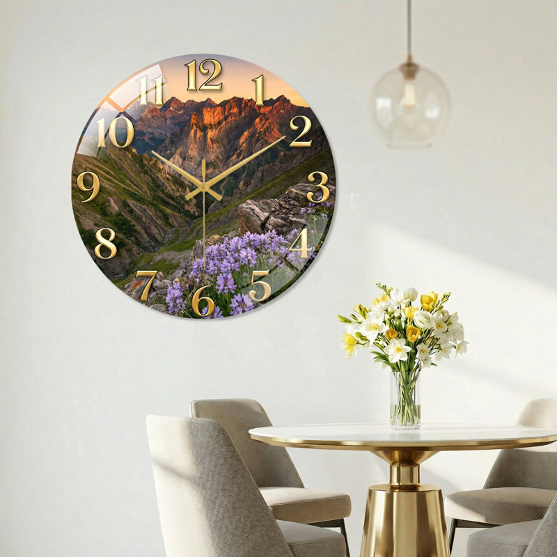 "Mountain Flowers", horloge murale en verre, 60x60cm(23.6x23.6inch)