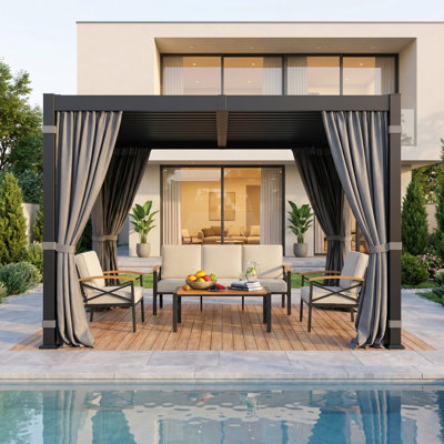 10' x 12' Louvered Pergola with Curtains & Netting, Outdoor Pergola with Adjustable Metal Louvers & Hidden Drainage, Weather Resistant Patio Pergola for Backyard, Poolside