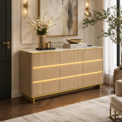 Dickens 63" W Modern 9-Drawer Dresser – Marble Top with Built-in Charging Station, Gold Accents & Bluetooth LED
