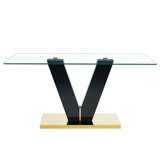 Large Modern Minimalist Rectangular Glass Dining Table For 6 - 8 People, Featuring 0.4" Tempered Glass Top, MDF Slab, V - Shaped Bracket, Metal Base, Ideal For Kitchen, Dining, Living, Meeting, Banquet Spaces, Merging Style And Functionality