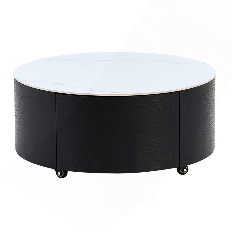 Table basse ronde moderne mobile avec roulettes, 2 tiroirs, plateau en pierre frittée à motif marbré, 29,5 po