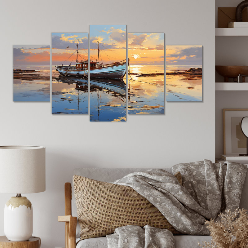 «Sunrise Fhses Boat By The Lake» - ensemble d'art mural à plusieurs côtes