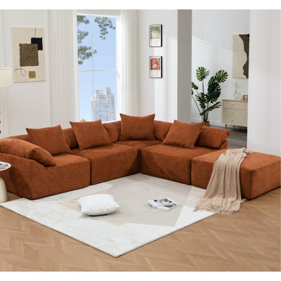Canapé modulaire en L avec canapé 5 pièces, tissu chenille, couleur orange, aucun assemblage requis, canapé modulaire 142 po en chenille confortable et durable, ajout de salon spacieux et élégant