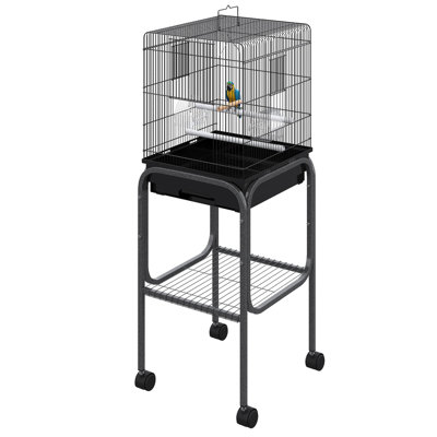45-inch Metal Indoor Bird Cage - Spacious Parrot Aviary With Detachable Stand, Basket, And Delight Land Black For Parrots, Storage Location, Perch Choices World