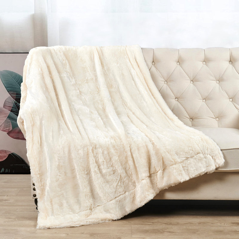 Ivory Reversible Faux Fur and Fleece Throw Blanket