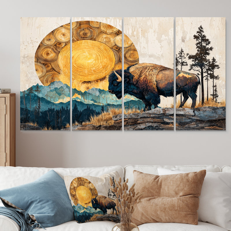 Bison américain dans «The Woods I» - art mural animal Buffalo - ensemble de décorations murales modernes, H 28 po x l 48 po