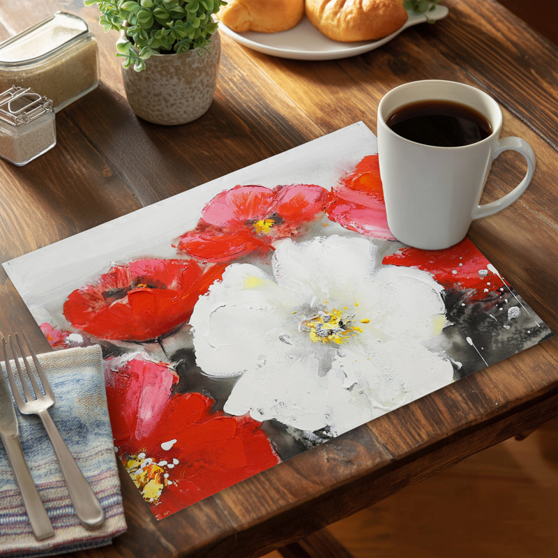 Red & White Floral Field Placemat - Botanical Polyester Decor