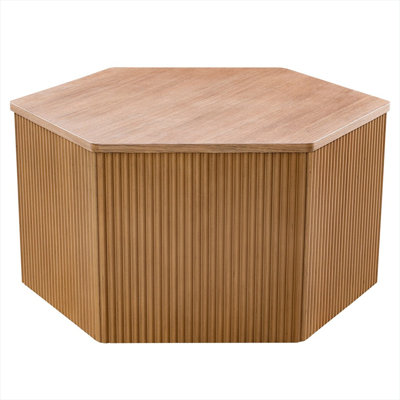 Natural finish solid and veneer wood hexagonal coffee table for modern rustic living rooms with fluted carved sides