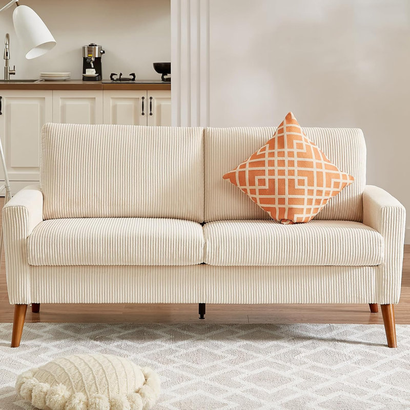 Causeuse standard rembourrée, H 35 po x l 68 po x P 30 po, Velours côtelé beige