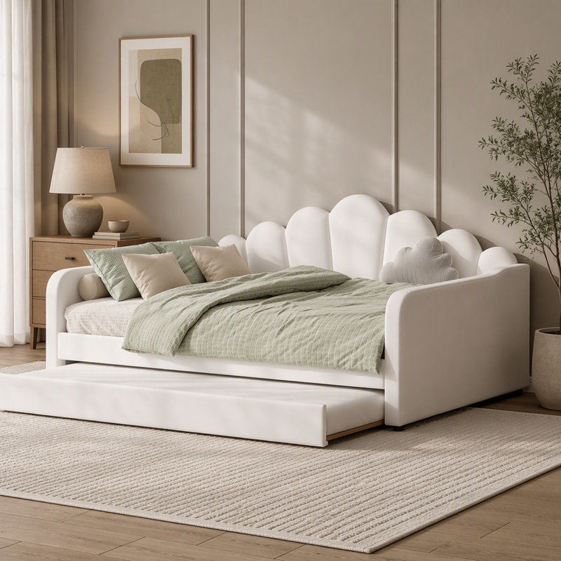 Lit de jour en velours avec dossier de forme basse et lit gigogne, Grand lit, Beige