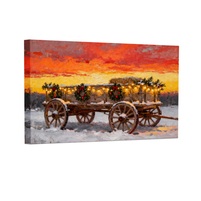 «Christmas Winter Wagon Christmas Lights Sunset Snowscape», ensemble de 3 impressions d'art sur toile, H 16 po x l 24 po