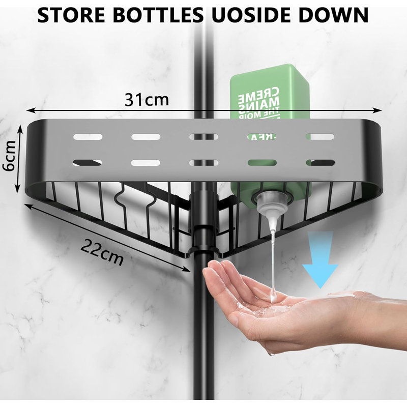 Poteau de tension réglable pour chariot de douche - Organisateur de douche d'angle du sol au plafond avec tablettes rotatives, rangement de salle de bain imperméable pour serviettes et articles de toilette