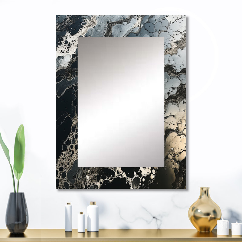 Noir et blanc, liquide encre rivière II - miroir à encre liquide, miroir mural noir unique, art imprimé en métal