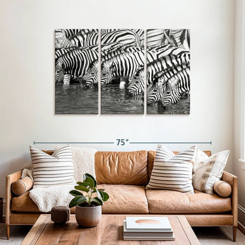 Brampt Etosha buvant des zèbres, H 36 po x l 57 po