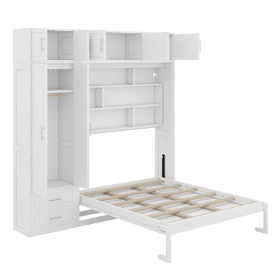 Queen Size Wall Murphy Bed With Top Cabinet,Shelves And Wardrobe