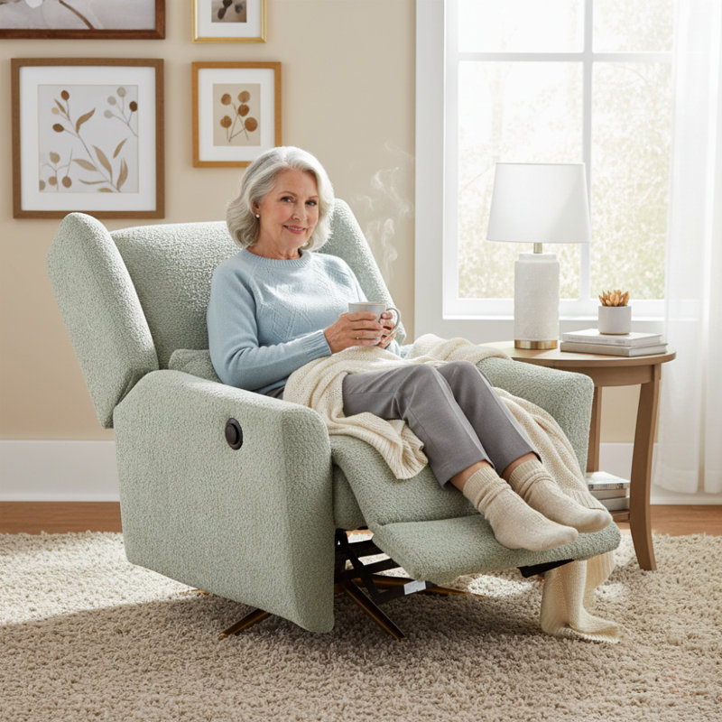 Karik 360° Swivel Upholstered Recliner With 5-Star Base & Pillow, Light Green