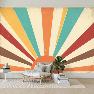 Papier peint 3D rétro soleil rétro coloré grunge Sunburst murale auto-adhésif papier peint adhésif pour chambre à coucher salon dortoir décoration murale plafond autocollant