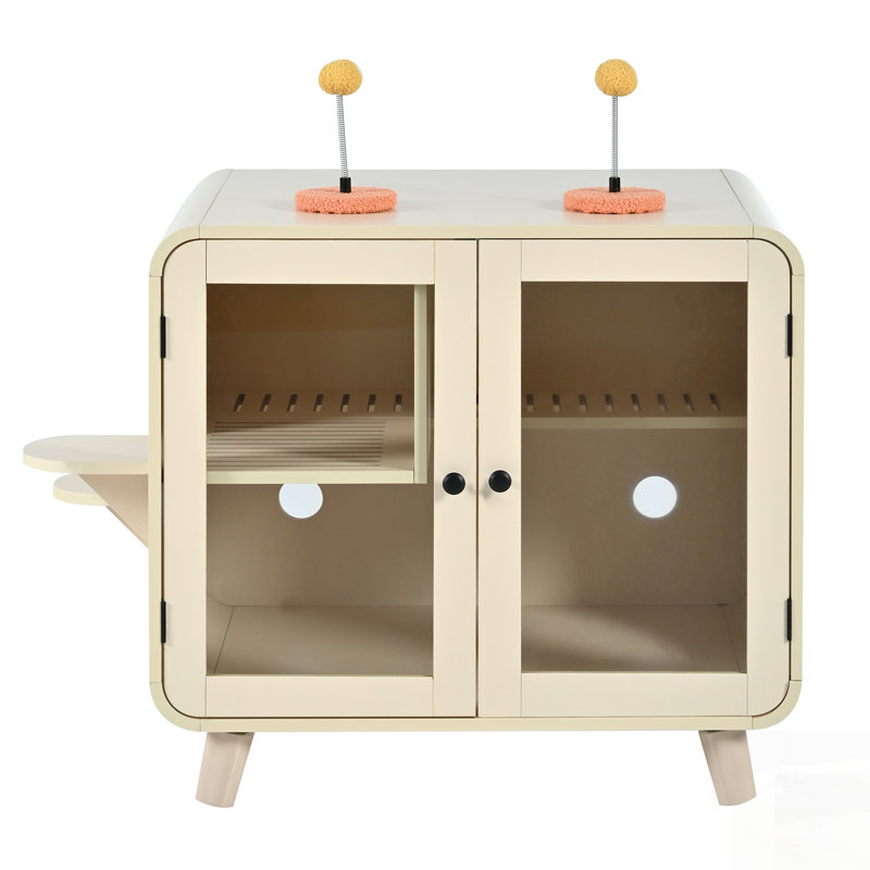 Enceinte cachée pour chat avec lit à DEL RVB, chatière avec escalier et jouets interactifs, Beige