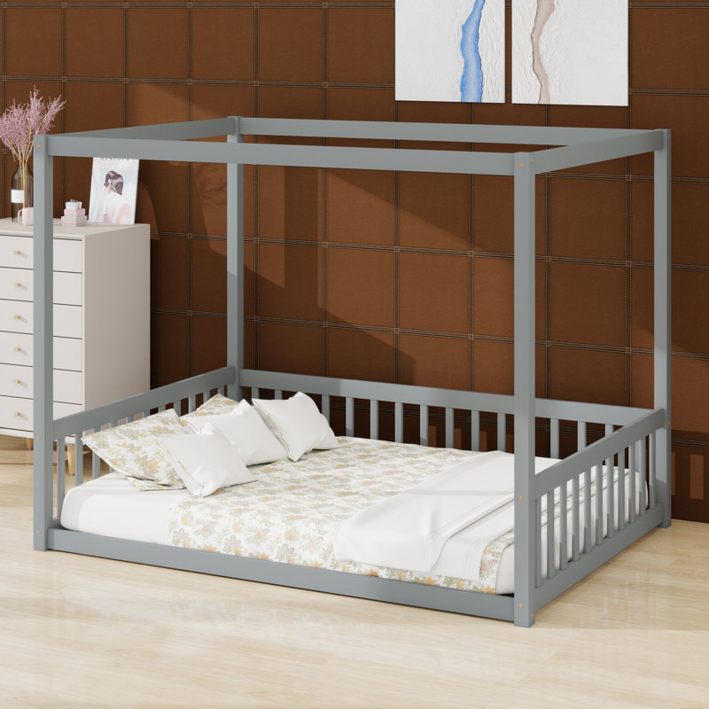 Canopy Frame Floor Bed Featuring Safety Fence And Guardrails, Gray