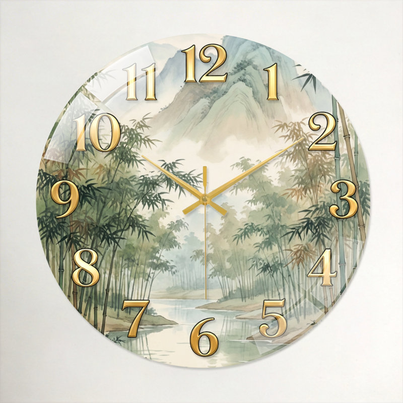 «Bamboo Mountains», horloge murale en verre, 60 x 60 cm (23,6 x 23,6 pouces)