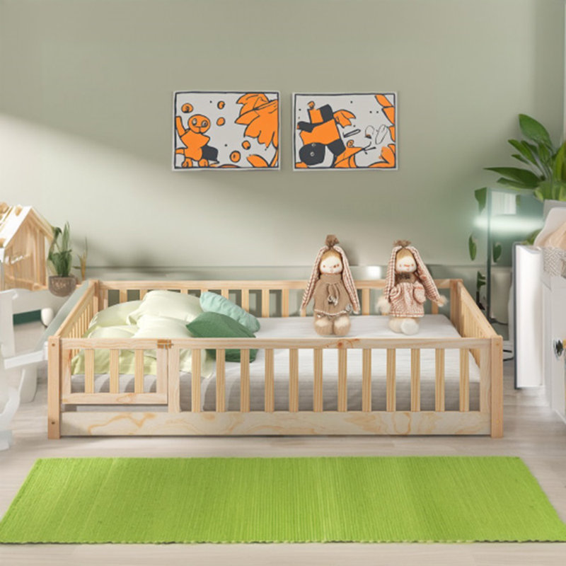 Lit plateforme au sol avec garde-corps et porte, Naturel, Double