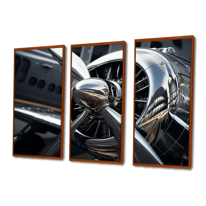 «Silver Wings Chrome Reflection Airliner» - ensemble d'art mural train, Cadre flottant brun, H 32 po x l 48 po x P 1 po