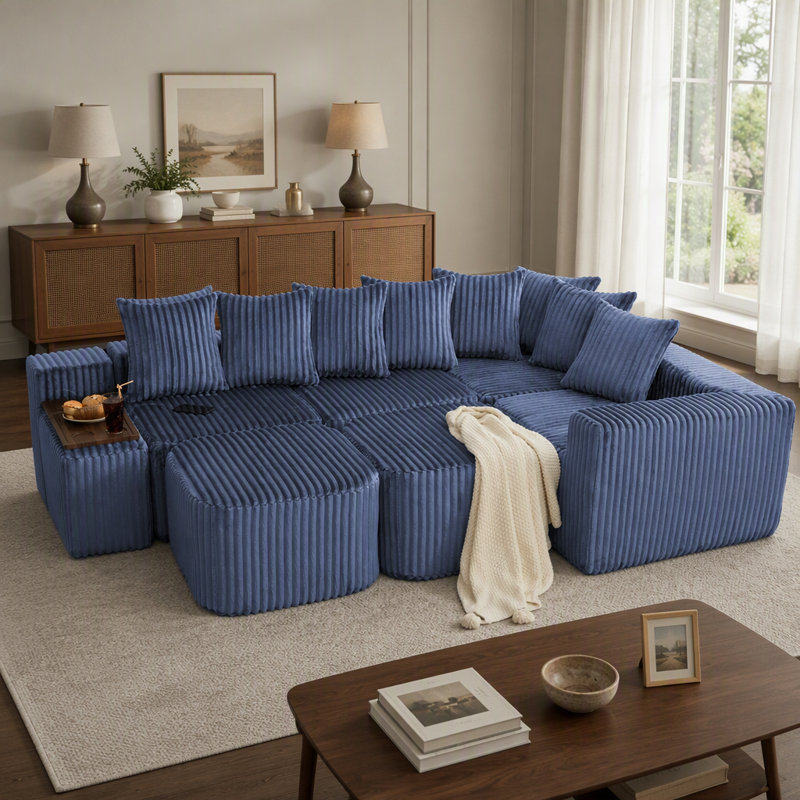 Canapé d'angle en U de 350 cm (137,5 po), chargement USB et sans fil, table basse avec porte-gobelet, canapé surdimensionné et modulable, repose-pieds amovible, 6 places, velours côtelé, bleu