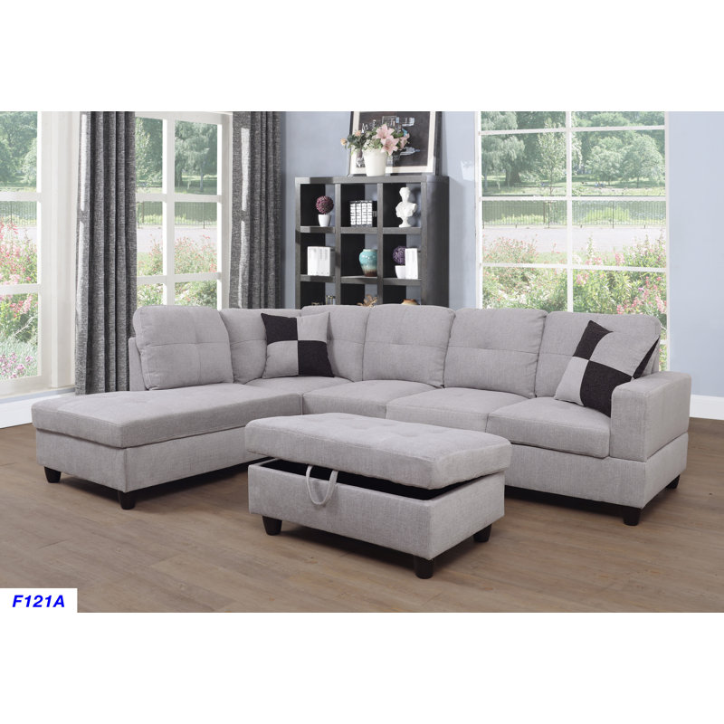 Jessica 103.5" Wide Sectional Sofa & Chaise with Ottoman, Gray White Linen Blend, Left Hand Facing
