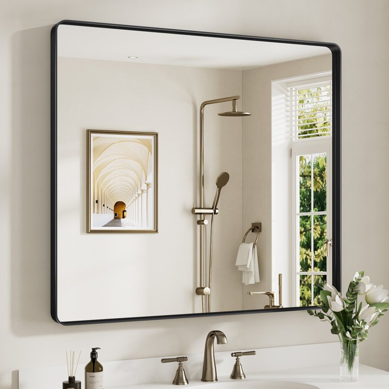 Miroir de salle de bain mural Llesenia, Noir mat, 40 po x 36 po, Rectangulaire