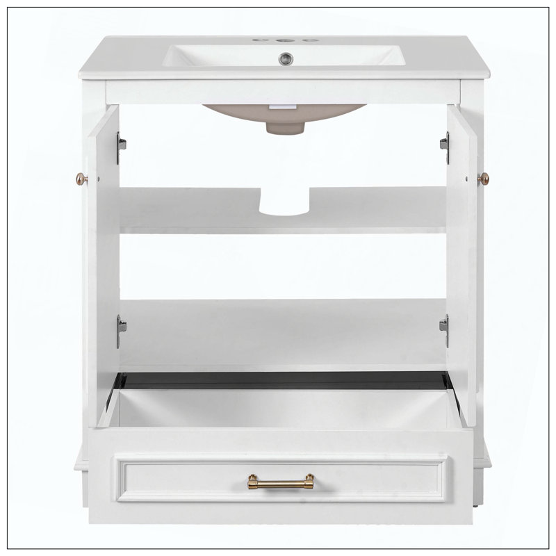 Luxurious Bathroom Vanity Ceramic Sink 2 Large Soft-Closing Doors Solid Wood, White