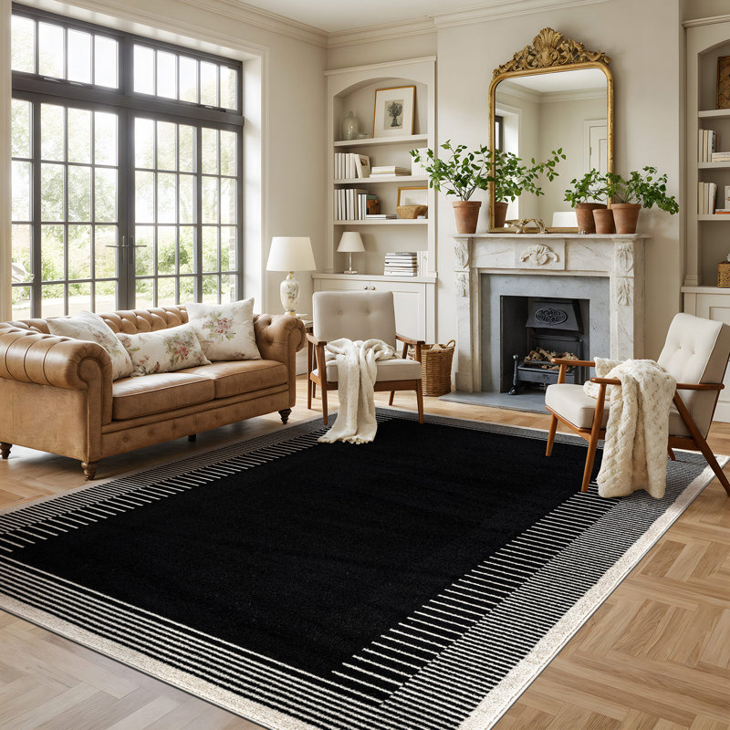 Modern Abstract Area Rug Soft Bordered Design, Black/Gray, Rectangle 7'10" x 10'