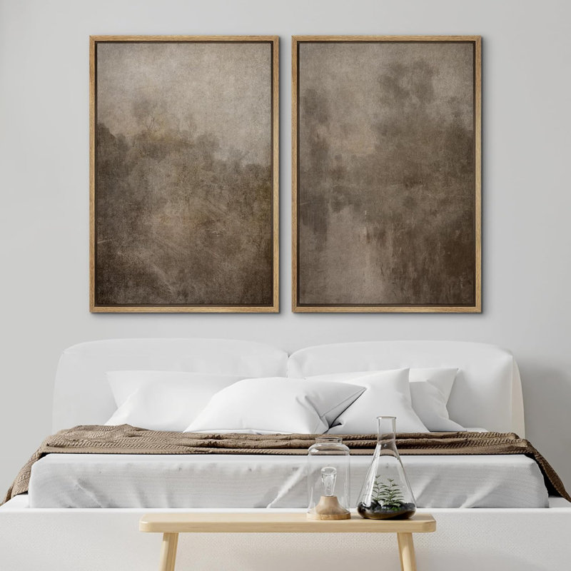 " Dark Black Color Field Landscapes " 2 - Pieces on Canvas, Natural Framed, 24'' H x 36'' W