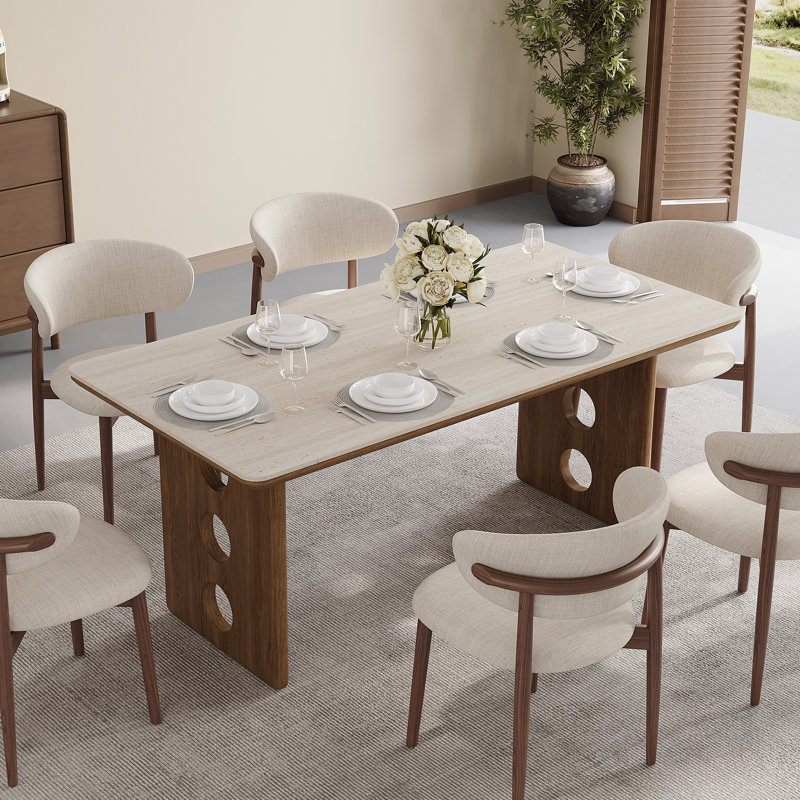 Mid-century Modern 7-piece Dining Set, Travertine & Wood Rectangular Table With Hollow Double Pedestal, 6 Upholstered Linen Chairs With Brown Solid Wood Legs