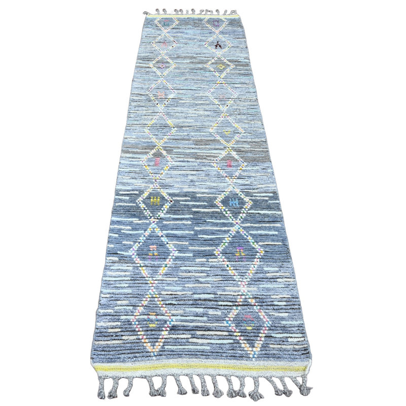 Tapis de couloir 2 pi 5 po x 8 pi 4 po, tissage marocain à motif géométrique dentelé, noué à la main, velours texturé, laine douce, tapis de couloir oriental